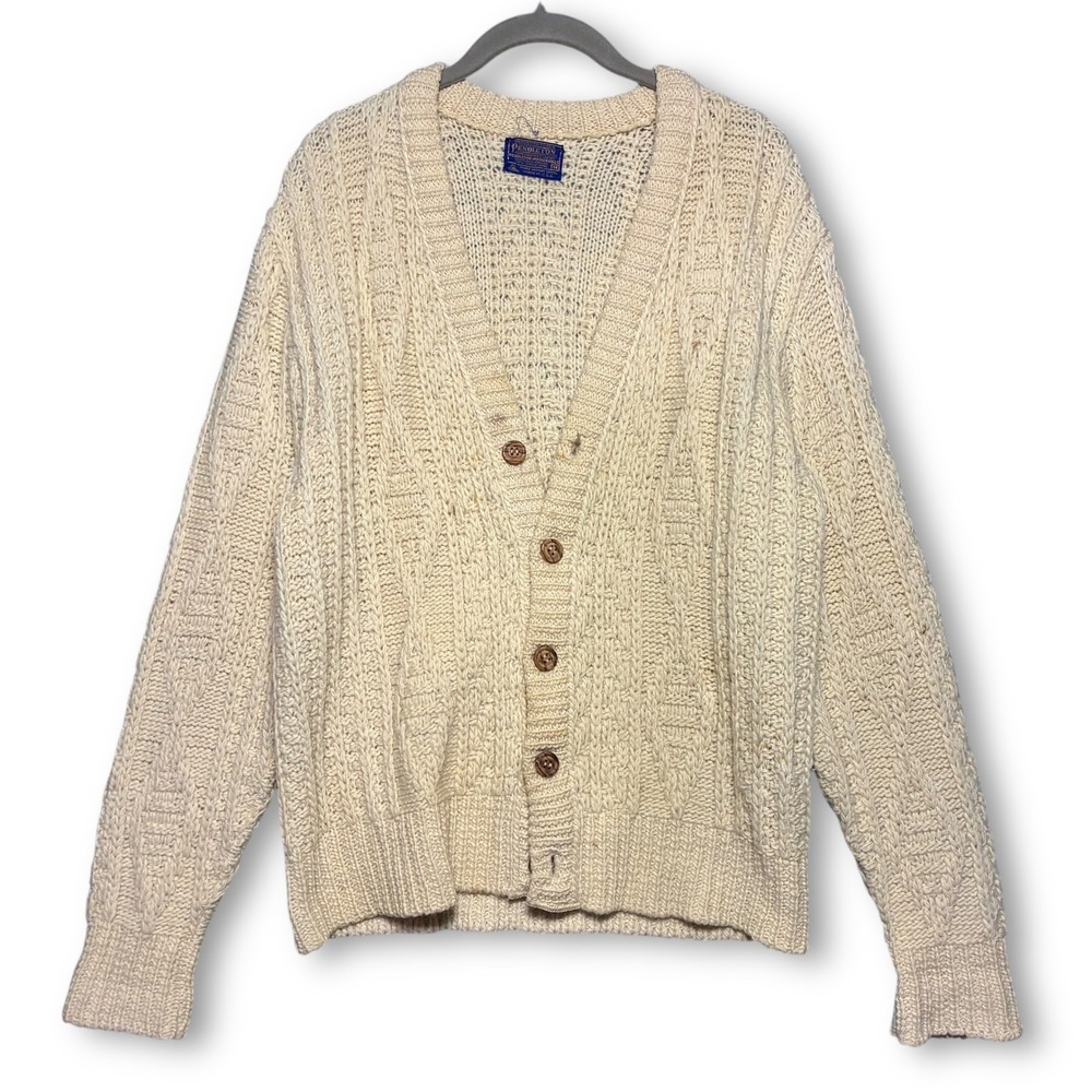 VTG Pendleton Virgin Wool Cable‎ Knit Cardigan Sweater Women's M Cream USA